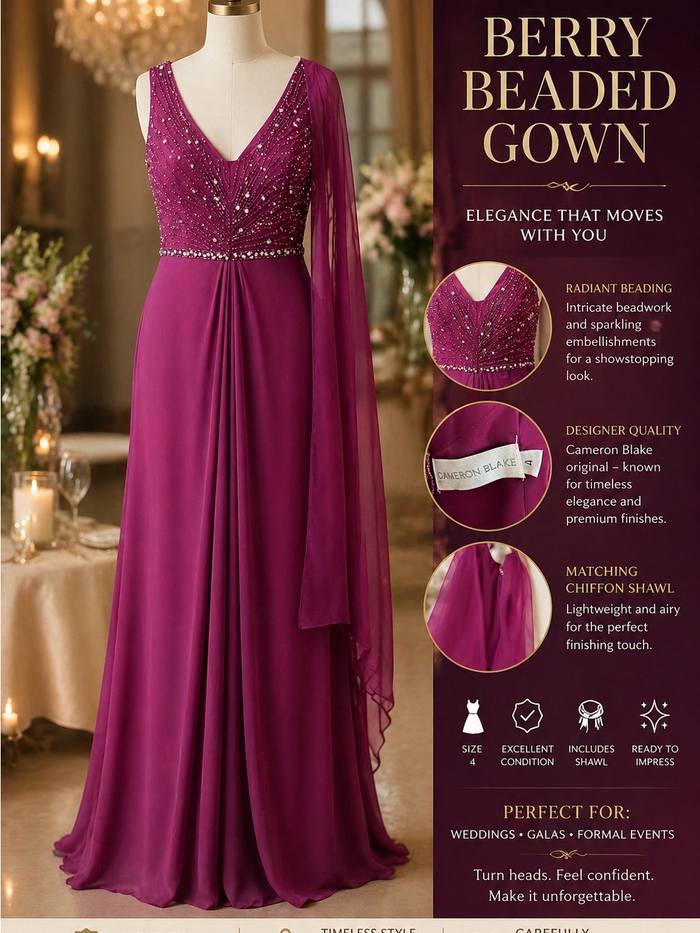 Cameron Blake Berry Beaded Evening Gown Size 4 Formal w/Chiffon Shawl